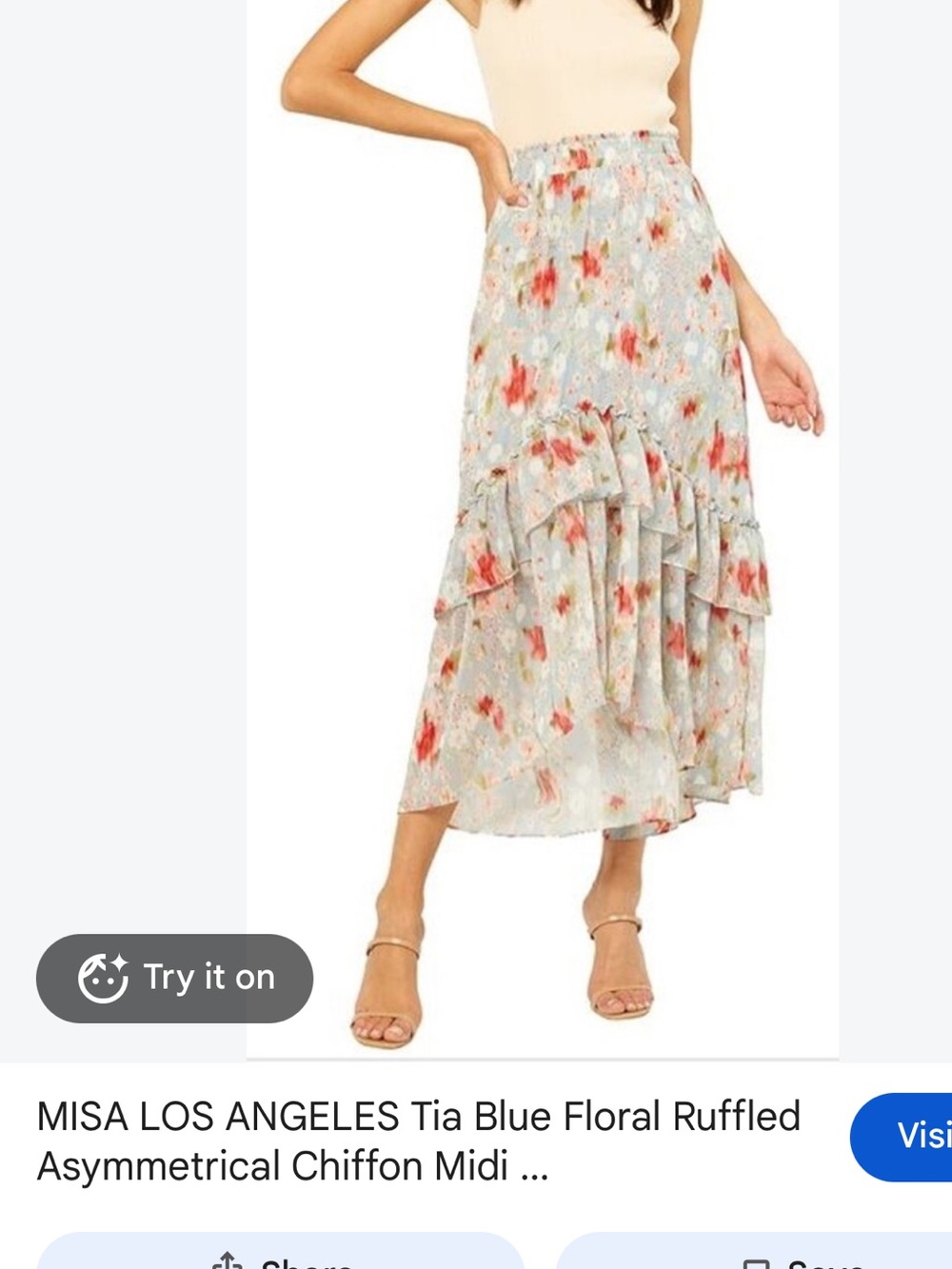 Misa Los Angeles Light Blue Floral Ruffled Chiffon Midi Skirt